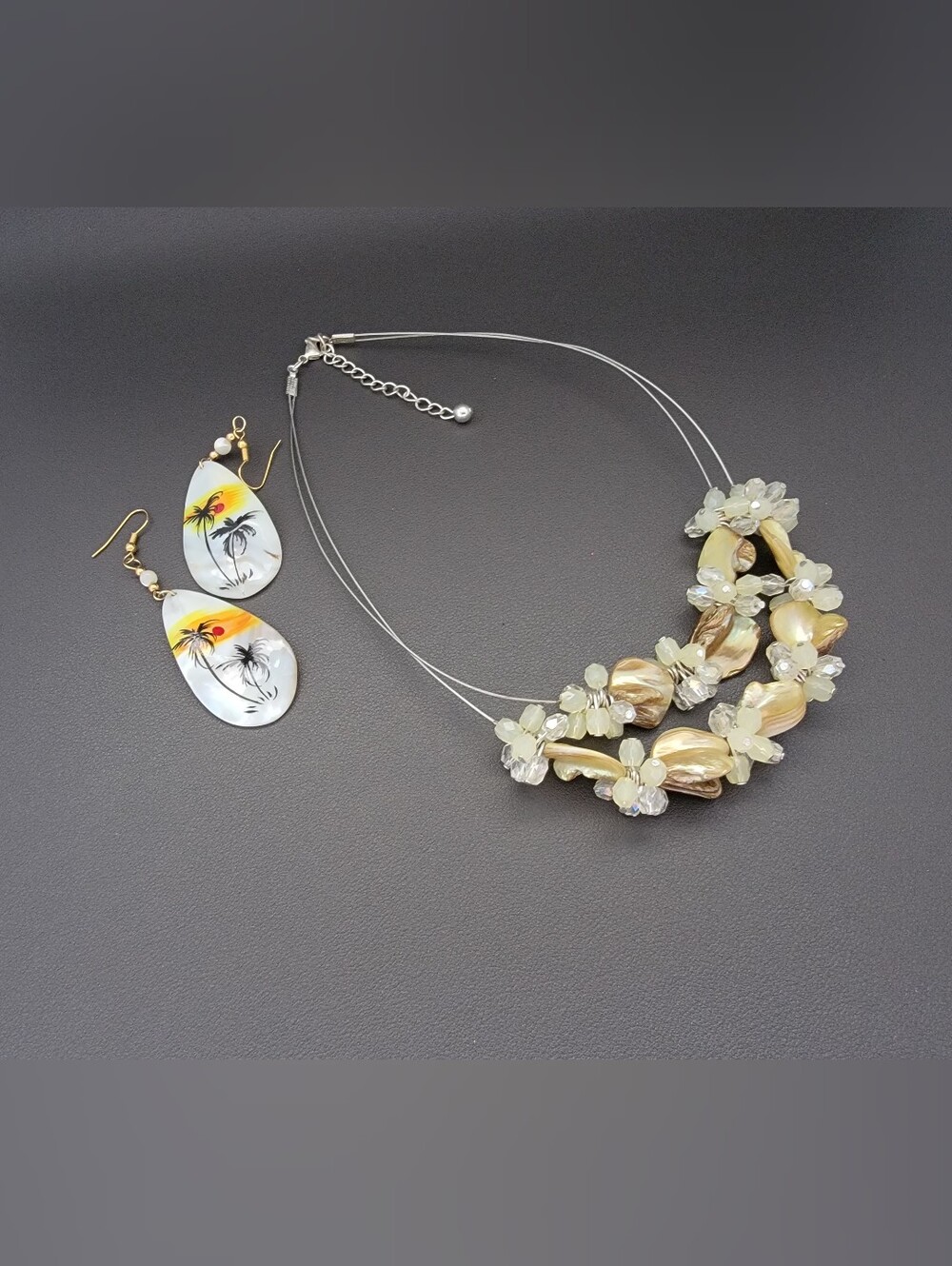 Coastal Jewelry Bundle MOP Palm Tree Earrings & Shell Beach Boho Necklace